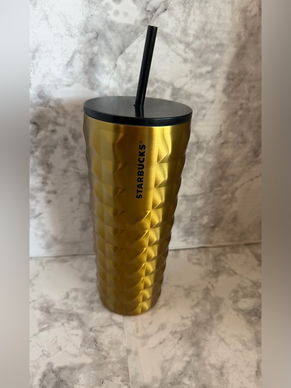 Starbucks Gold Faceted Stainless Tumbler with Black Lid and Straw
